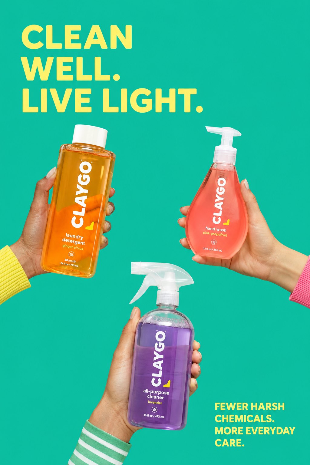 Hands holding ClayGo laundry detergent, hand wash and all-purpose cleaner: Clean well. Live light.